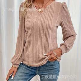 欧美跨境亚马逊独立站外贸爆款长袖纯色v领t恤上衣女装新款针织衫