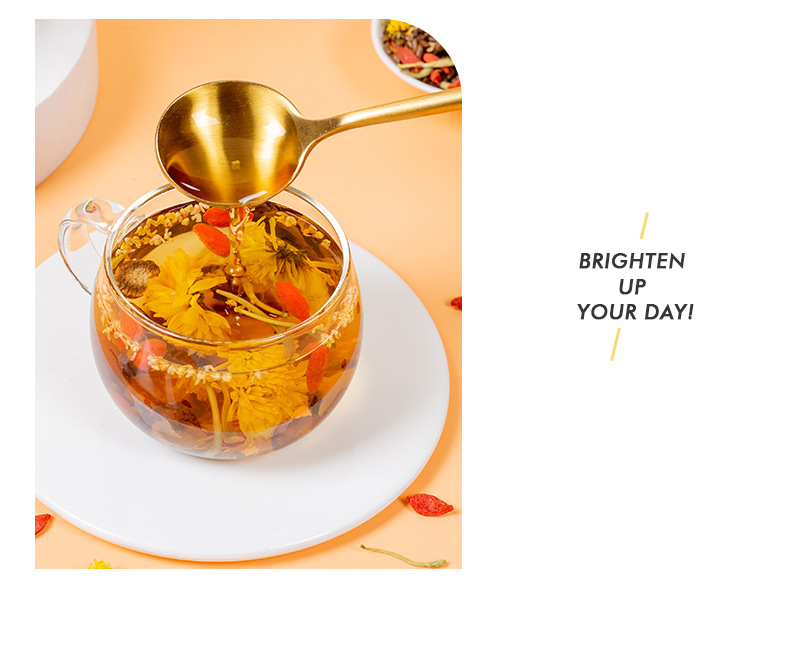 Chrysanthemum Cassia Seed Tea Bags with Goji Berry Honeysuckle Burdock Herbal Blend Sugar Free 100g Gift Box in use