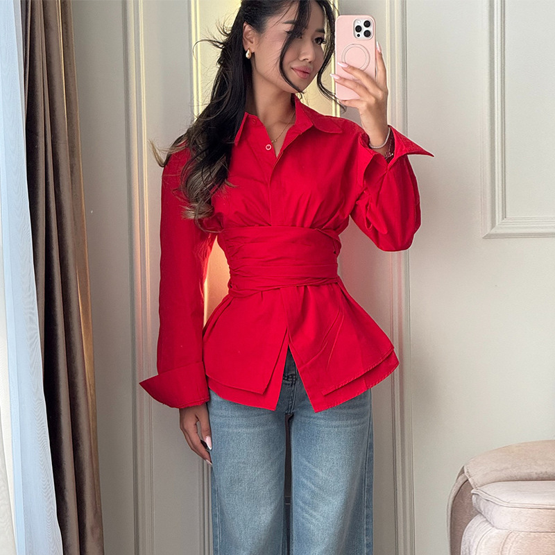 European and American Cross-Border Women's Clothing 2026 Spring New Style Elegant and Fashionable Waist-Cinching Tie-Up Solid Color Design Long-Sleeve Shirt European and American Cross-Border Women's Clothing 2026 Spring New Style Elegant and Fashionable Waist-Cinching Tie-Up Solid Color Design Long-Sleeve Shirt