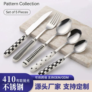 410不锈钢陶瓷柄西餐具 黑白纹牛排刀叉勺5pcs高颜值西餐礼品餐具