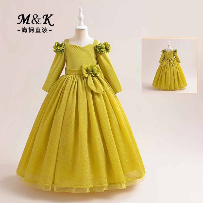 Ropa infantil transfronteriza nuevo vestido de niño estereoscópico calcomanías vestido de mangas largas vestido de presentación vestido de arco vestido de malla
