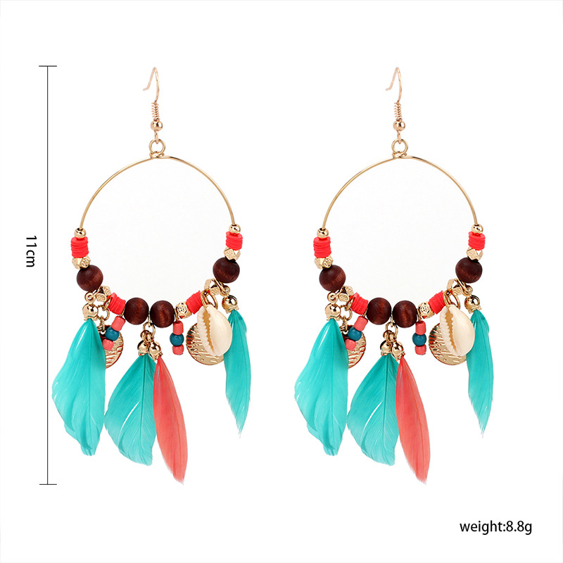 Big Circle Wood Round Beads Color Tassel Feather Earrings Fashion Personality Design Earrings display picture 1