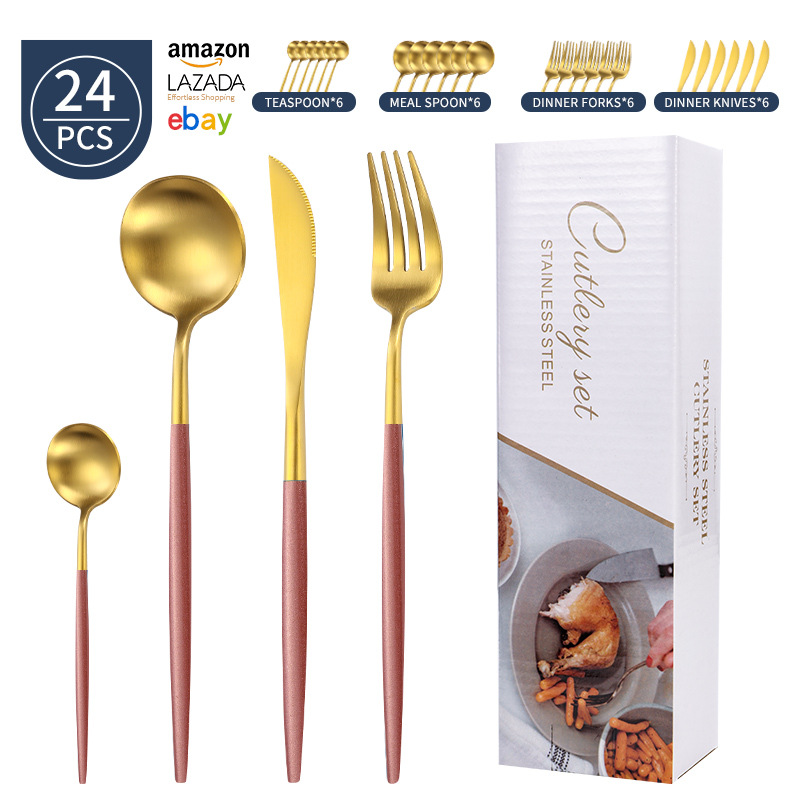 Transfronterizo Amazon mango redondo portugués cuchillo y tenedor cuchara set de platos de acero inoxidable mate cuchillo y tenedor de filete set 24 piezas