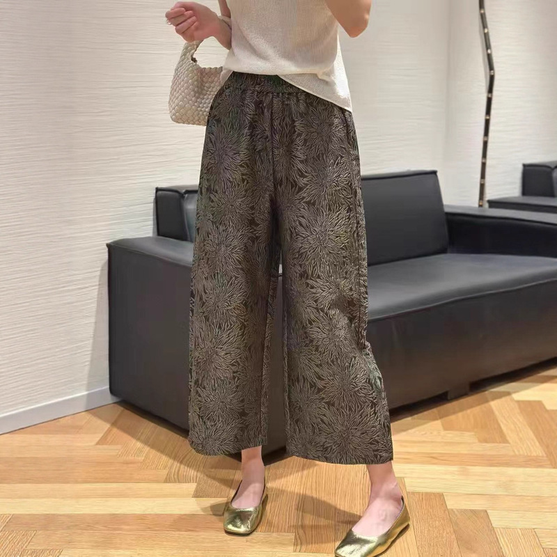 高腰花苞裤直筒国风提花阔腿裤女夏季新款新中式九分休闲裤长裤子|undefined