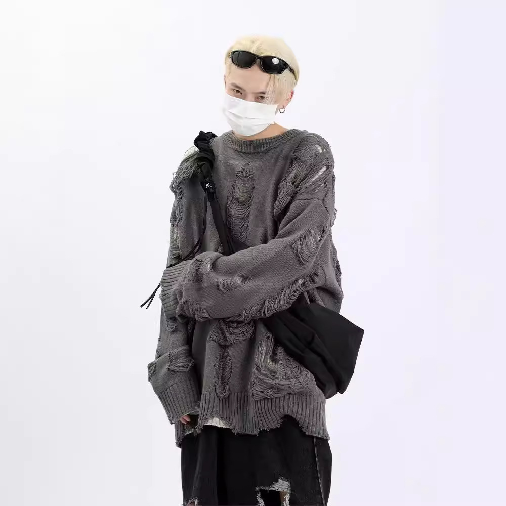 Cuello redondo perezoso alto calle suéter de los hombres de otoño e invierno marca de moda suelta hip hop rasgado diseño de dos lados sentido nicho suéter