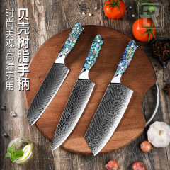 日式VG10大馬士革鋼刀廚房菜刀廚師刀套裝貝殼樹脂柄廚刀跨境