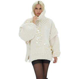 现货 秋冬跨境欧美外贸新款纯手工棒针纯色亮片毛衣外套sweater