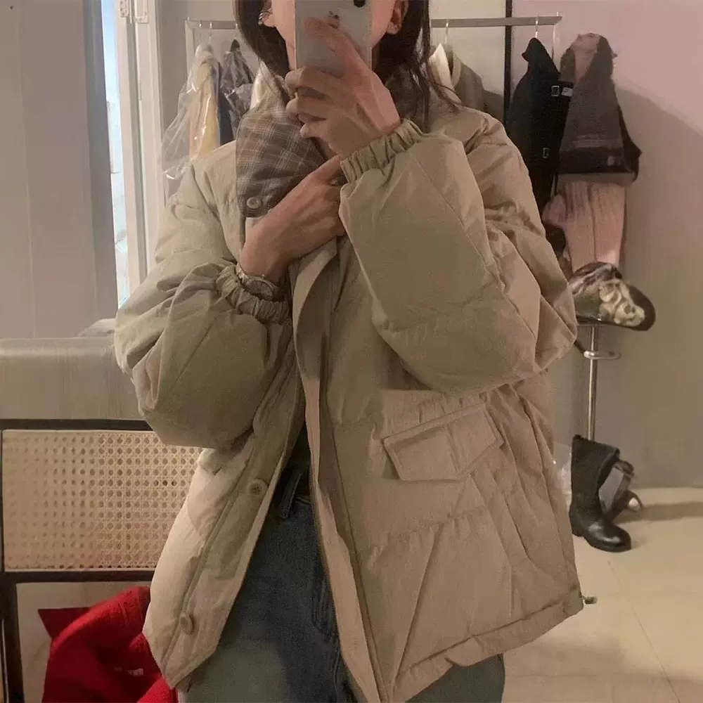 现货 两面穿格子羽绒服加厚女韩系东大门款短款面包服外套obj*t