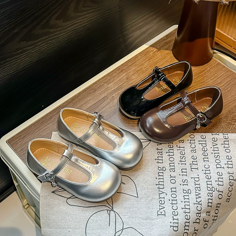 Детская кожаная обувь 2025 года корейская версия для девочек серебряная принцесса с мелким ртом