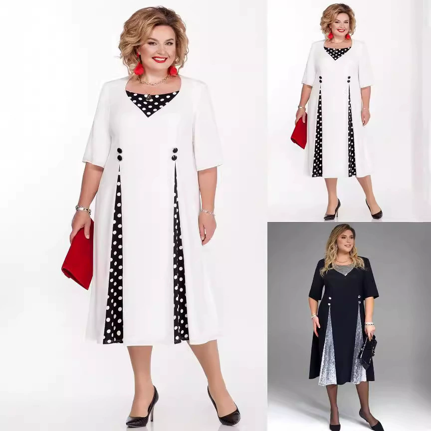 Европейское и американское платье в горошек контрастное цветовое шитье дизайн кнопки простой элегантный тонкий похудение средней длины платье