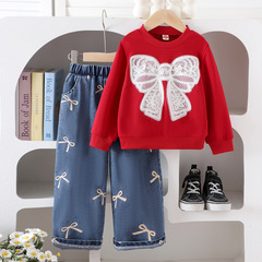 Kids clothing 跨境外贸秋冬新款小童酒红色长袖卫衣+长裤套装