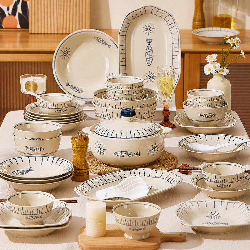 Happy Fish Creative Japanese Set Wholesale Japanese Restaurant Ramen Bowl Ceramic Tableware Bowls and Plates Rice Bowls and Plates