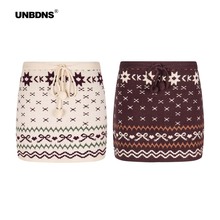 UNBDNS美式复古棕色费尔岛花纹针织提花修身秋冬设计感包臀短裙女