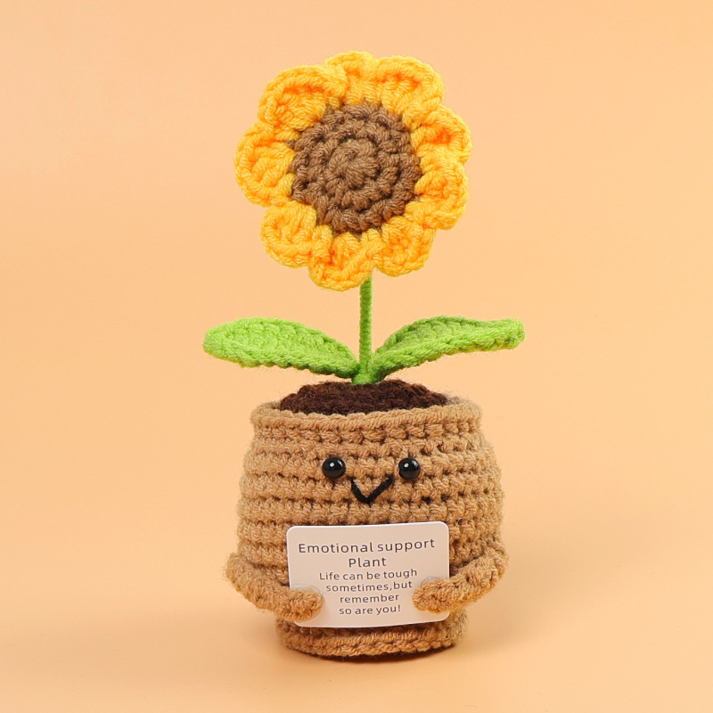 完成品手編みウールひまわり鉢植え編み込み小さな太陽永遠の造花車のデスクトップ装飾ギフト|undefined