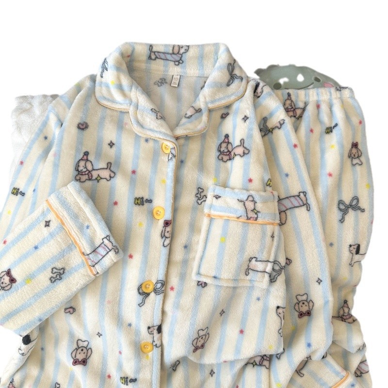 플란넬 가을과 겨울 새로운 귀여운 소녀 따뜻한 두꺼운 달콤한 고양이 고양이 느슨한 잠옷 세트 외부에서 착용 할 수 있습니다