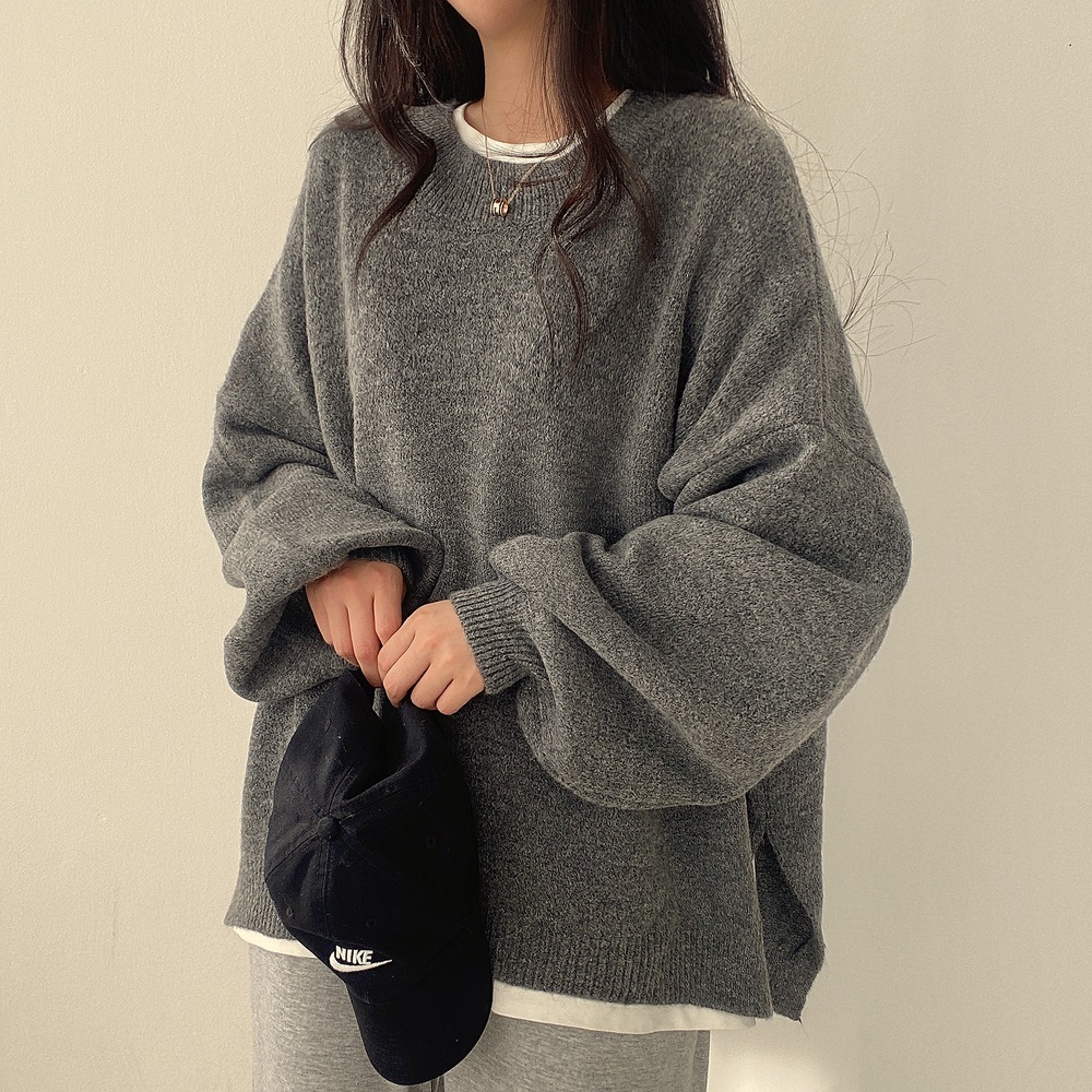 Solid Crew Neck Split Sweater Dark Brown