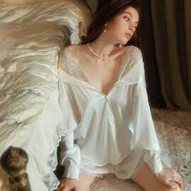 跨境冰丝睡衣女性感家居服男友风衬衫蕾丝缎面短裤纯欲风睡衣套装