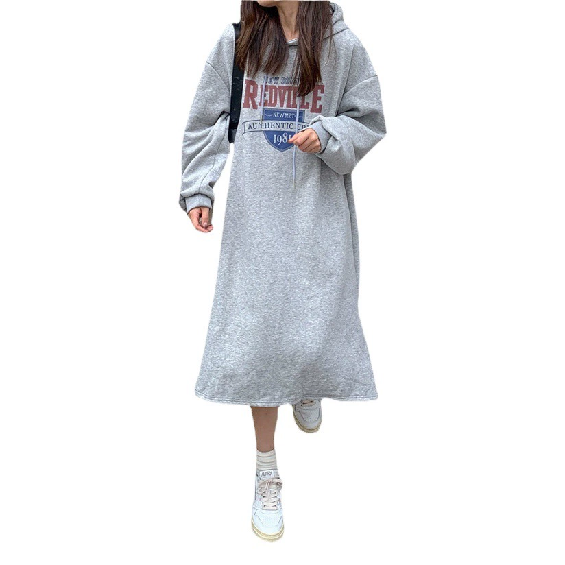 Зимнее платье-худи 2024 года, новая модель, на флисовой подкладке, утепленное, длинное, ниже колена, свободного кроя, больших размеров, с разрезом, повседневное