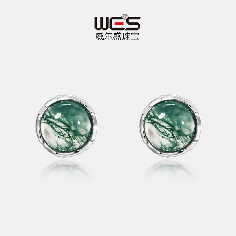 Nuevos pendientes de ágata de hierba de agua natural lisa transfronteriza S925 Pendientes de piedra de musgo verde con incrustaciones de plata Simple, ligero, lujoso y versátil