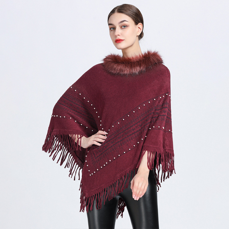 Pull en tricot à franges pour femme, châle, cape, col en fourrure_voghion.com