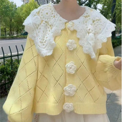 子供の襟の小さい花の春秋の怠惰な風のニットのカーディガンの上着の女性の2023新型の韓国版の菱格の長袖のコートの潮