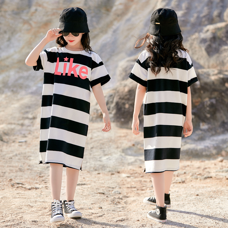 Camiseta de las niñas de manga corta de verano de longitud media estilo occidental a rayas sueltas ropa de verano para niños vestido de moda