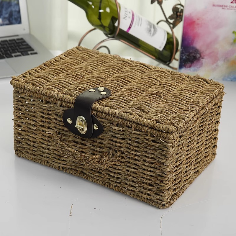 Cesta de almacenamiento de caña personalizada con cerradura de cubierta Caja de almacenamiento de algas tejida a mano picnic paquete de regalo de mano cesta de almacenamiento