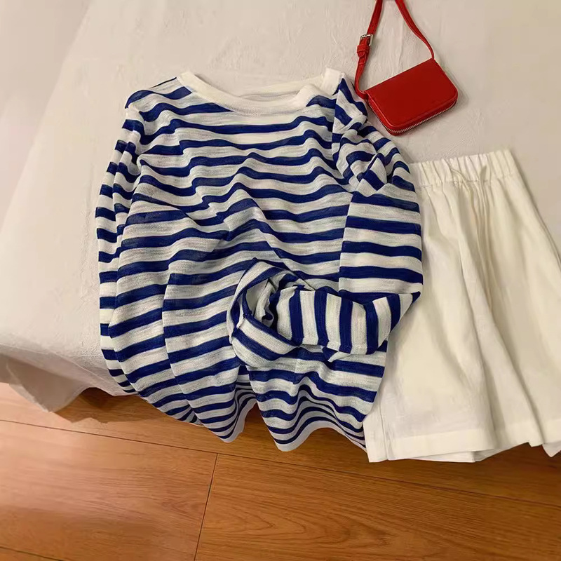 Korean Style Gentle Navy Blue Linen Stripesd Round Neck Long-Sleeved T-Shirt Women's Autumn Sun Protection Air-Conditioning Shirt Knitted Ice Silk Top