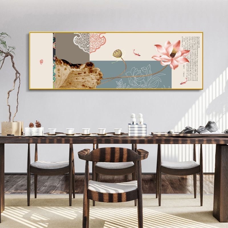 新中式主卧室床头装饰画书房茶室民宿酒店挂画荷花沙发背景墙壁画|undefined