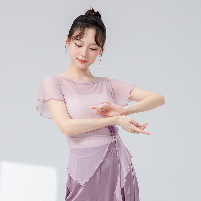 古典舞蹈服女新款钉花飘带修身短袖网纱花朵上衣飘逸演出练功服装|undefined