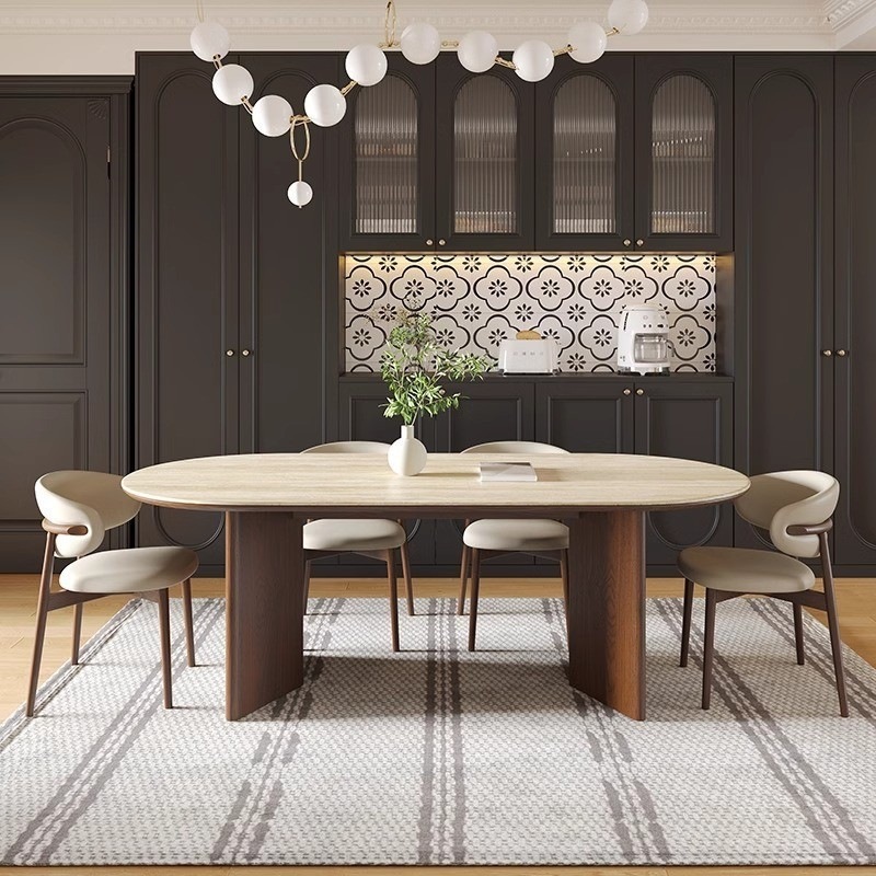 Mesa de comedor de madera maciza francesa de alta calidad, mesa de comedor simple y casera, estilo antiguo, agujero oval, mesa de comedor de piedra y tabla de roca