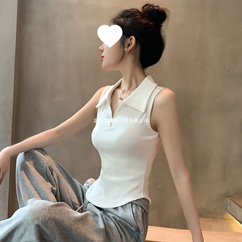Black Sleeveless Versatile Vest, Chic and Beautiful Top, 2024 Slim-Fit Polo Collar Shirt for Women, Summer High-End Inner Wear
