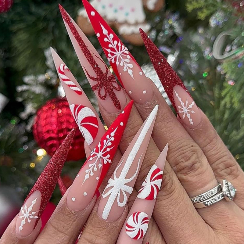 Cross-Border Christmas Nail Art Patch Long Pointed Red French Snowflake Christmas Candy Cane Design Nail Patch