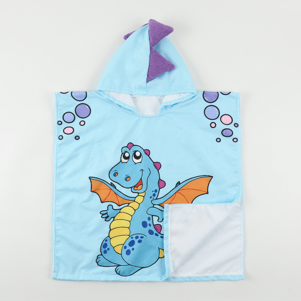 Suministro directo de fábrica de tela de felpa linda ropa de playa estampada para niños, capa con capucha de secado rápido absorbente, suave y agradable para la piel