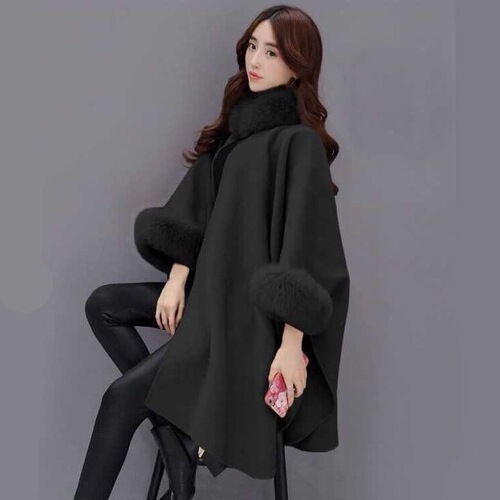 Winter and Autumn Large Rabbit Fur Collar Medium-Length Wool Coat Elegant Cape Overshawl Audrey Hepburn Style Wool Coat Plus Size Women