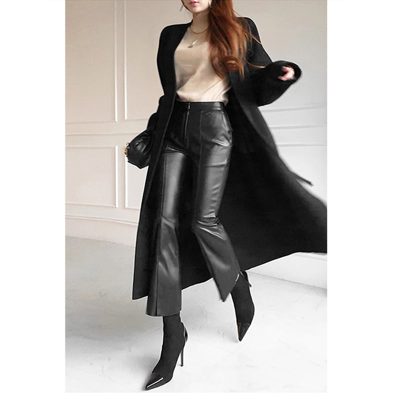 Women's Pu Leather Pants for Outerwear, Autumn and Winter 2026 New Style, Fleece-Lined, Slit, Nine-Point Leather Flared Pants, Elegant Commuting Micro-Flared Pants