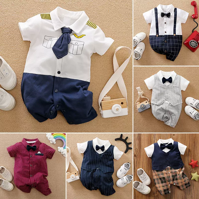 婴儿连体衣夏季宝宝满月周岁礼服新生儿百天哈衣绅士爬服短袖跨境
