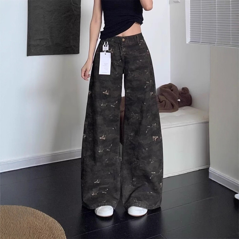 175 Tall American Retro Camouflage Cargo Jeans for Women, High-Waisted, 180 Extra-Long, Super Popular Wide-Leg