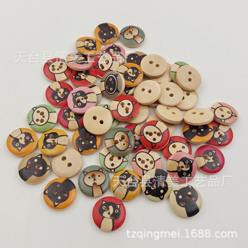 Botón mezclado animal del gato de la historieta 100 un paquete botón de madera Animal de la historieta natural de 15m