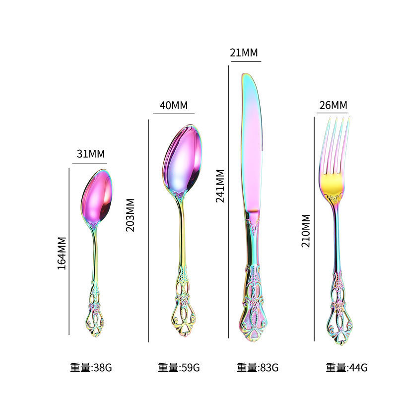 Vajilla de acero inoxidable de Amazon en relieve Royal Court 4 porciones hotel bistec cuchillo tenedor cuchara juego de regalo de 24 piezas