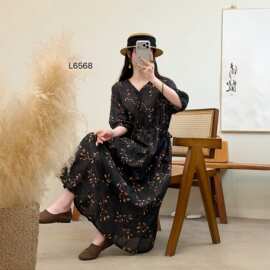 有衬裙2026夏款中式苎麻印花连衣裙女 V领收腰显瘦复古中长款裙子