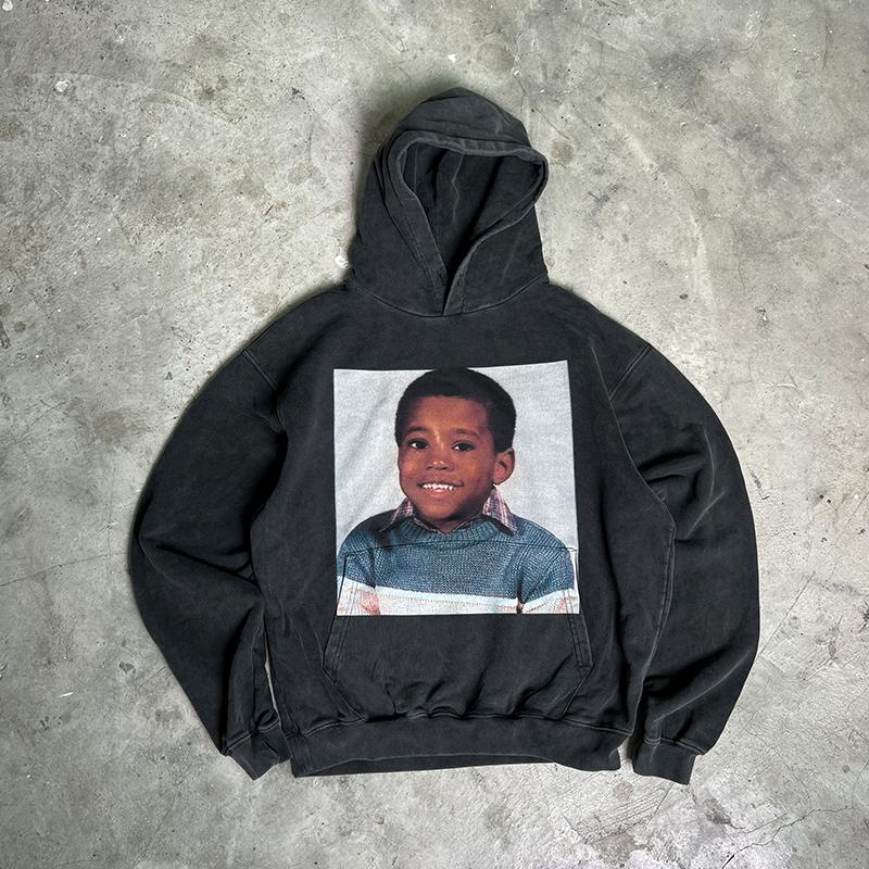 YE same American style retro old childhood Kanye portrait English printed terry hoodie hoodie hoodie men's and women's cotton