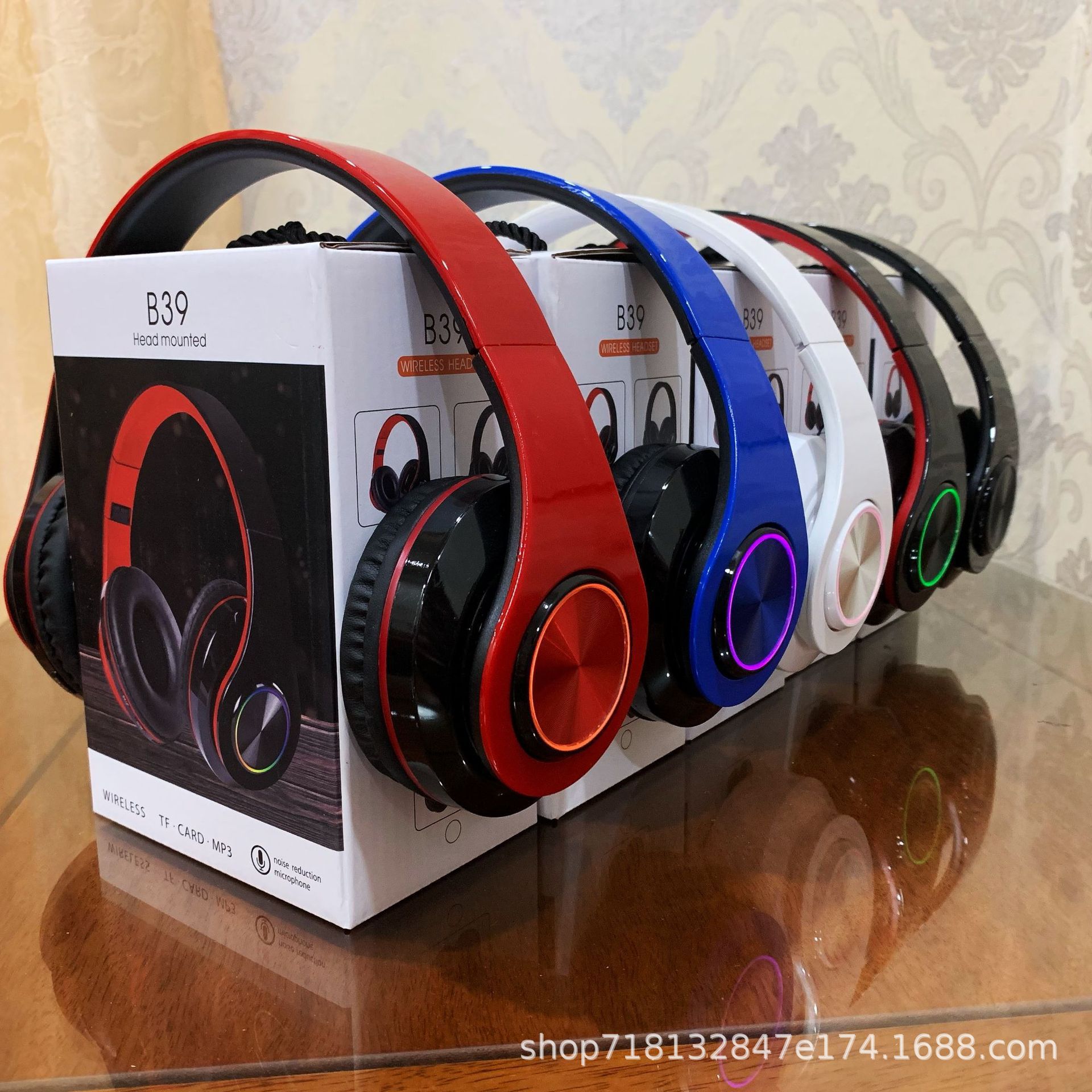 Nuevo auricular inalámbrico luminoso B39 transfronterizo, teléfono de juegos, tarjeta plegable UV, auricular Bluetooth al por mayor