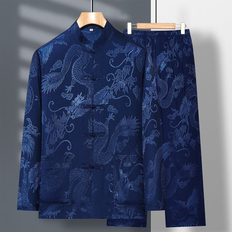 Spring/Summer Men's Tang Suit Long-Sleeved Ice Silk Suit for Middle-Aged and Elderly, Dad's Outfit, Chinese Style Plus Size Shirt, Autumn Wear