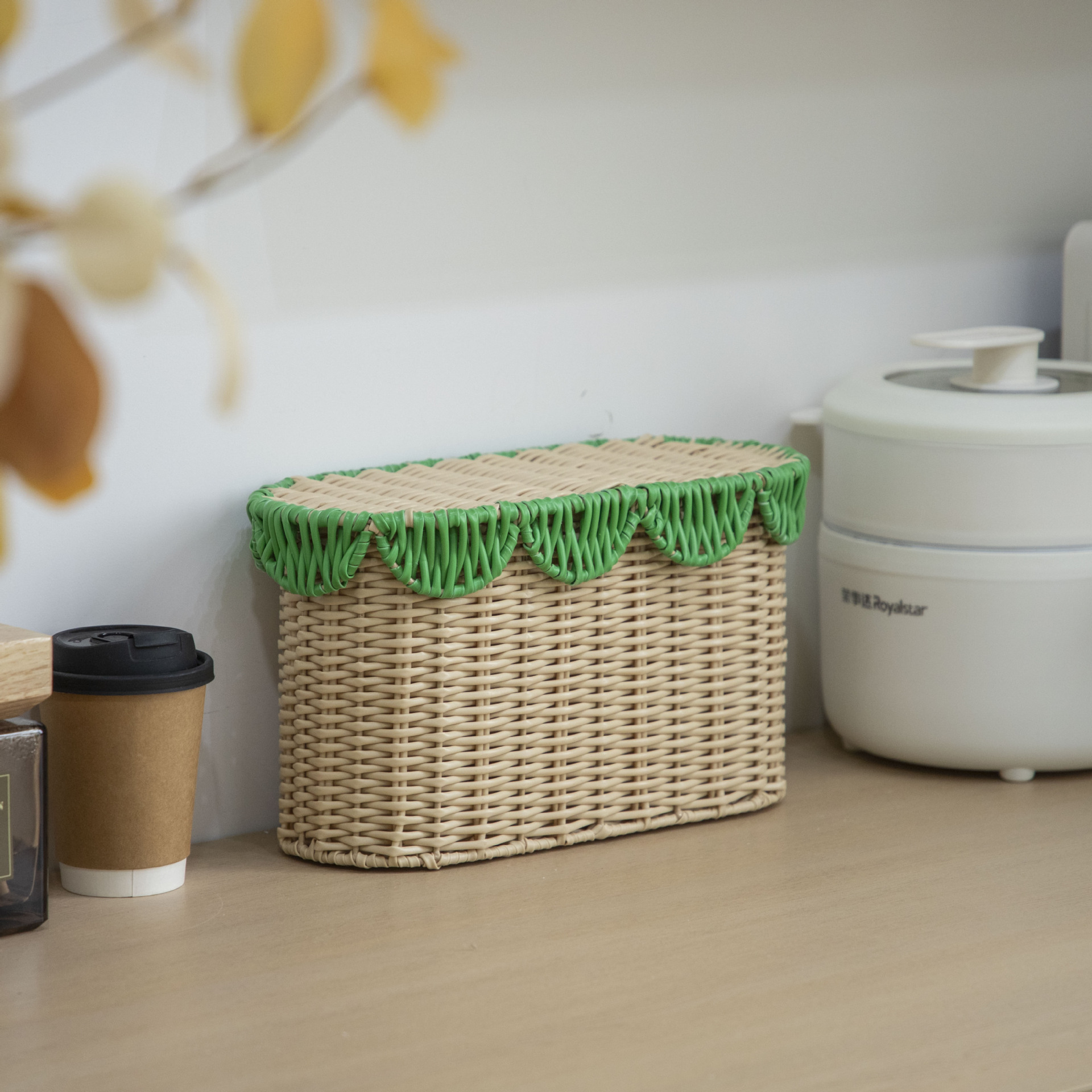 Amazon nuevo producto de caña verde canasta de encaje pequeño almacenamiento fresco almacenamiento de escritorio almacenamiento de gabinete de acabado