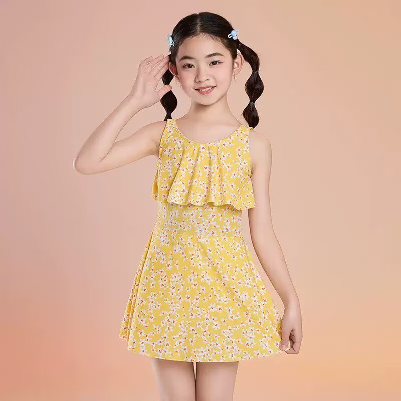 Girls' Swimsuit One-Piece Skirt Style Kidsren's Swimsuit Fashionable and Good-Looking Big Kidsren's Princess Beach Floral One-Piece Swimsuit