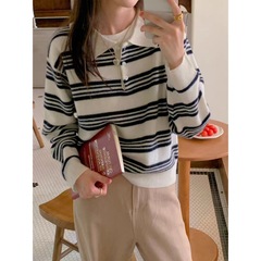 复古条纹polo翻领半扣针织衫上衣女秋冬新款宽松显瘦百搭韩系毛衣