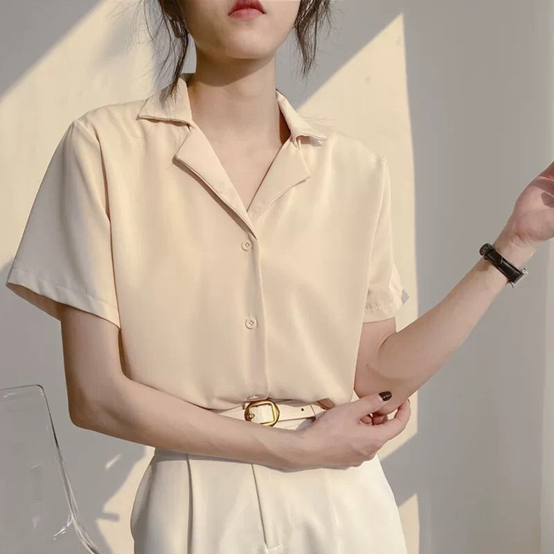 春装学院风复古韩版职业西装领翻学生夏季短袖衬衫女纯色上衣|undefined