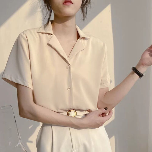 Spring clothes, preppy style, retro Korean professional suit collar, turned over students 'summer short-sleeved shirt, women's pure color top