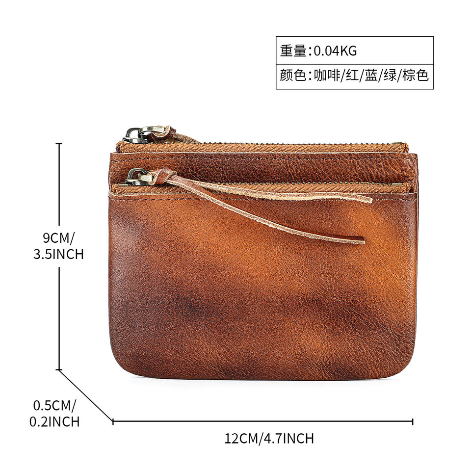 Ví đựng tiền xu da thật phong cách retro, da bò lớp một thuộc thực vật, kiểu dáng nhỏ gọn — nâu